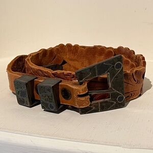 Vintage Women's Hand Tooled Leather Belt with Sterling Silver & Lapis Buckle Set